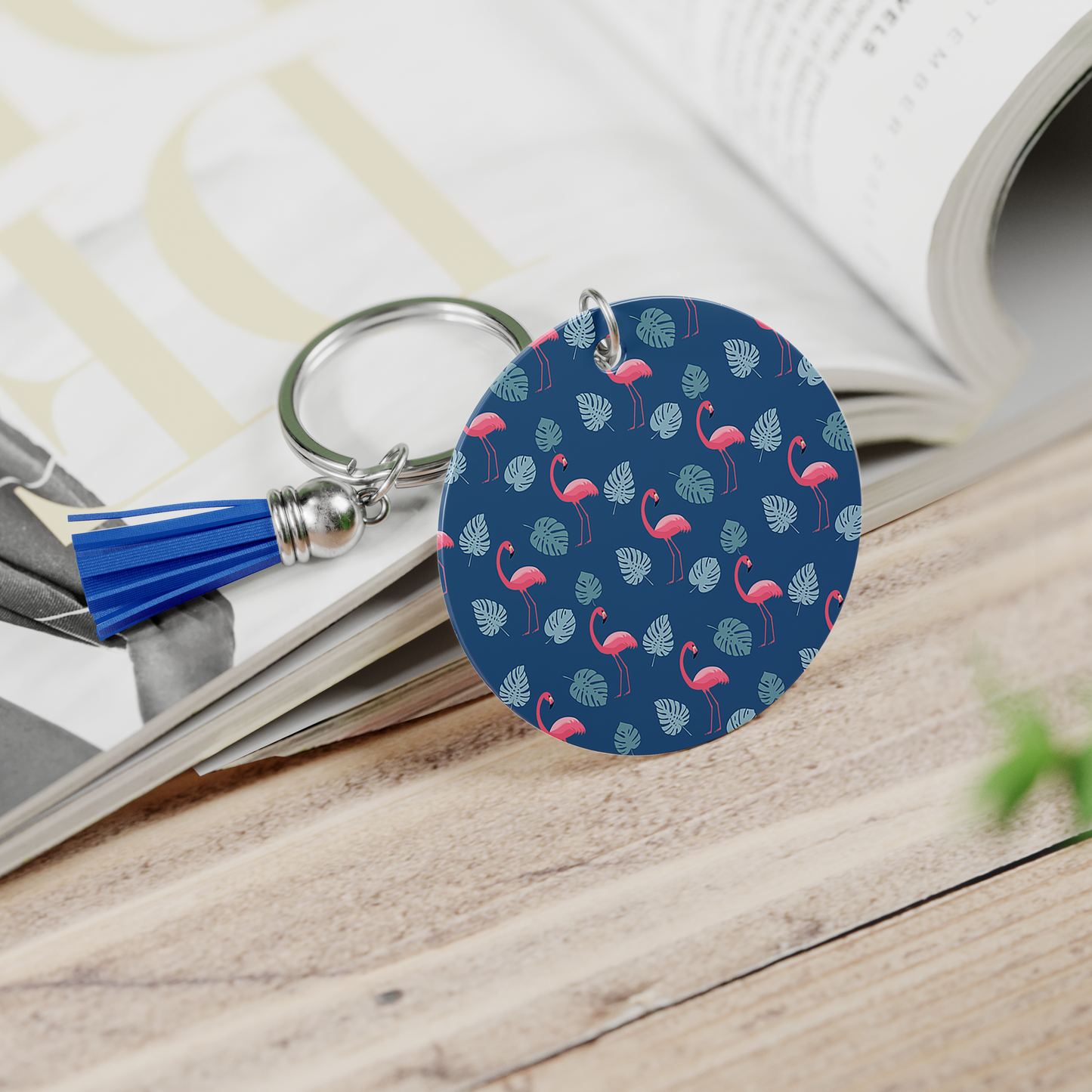 Flamingo & Palm Frond All-Over Pattern Keychain Blue