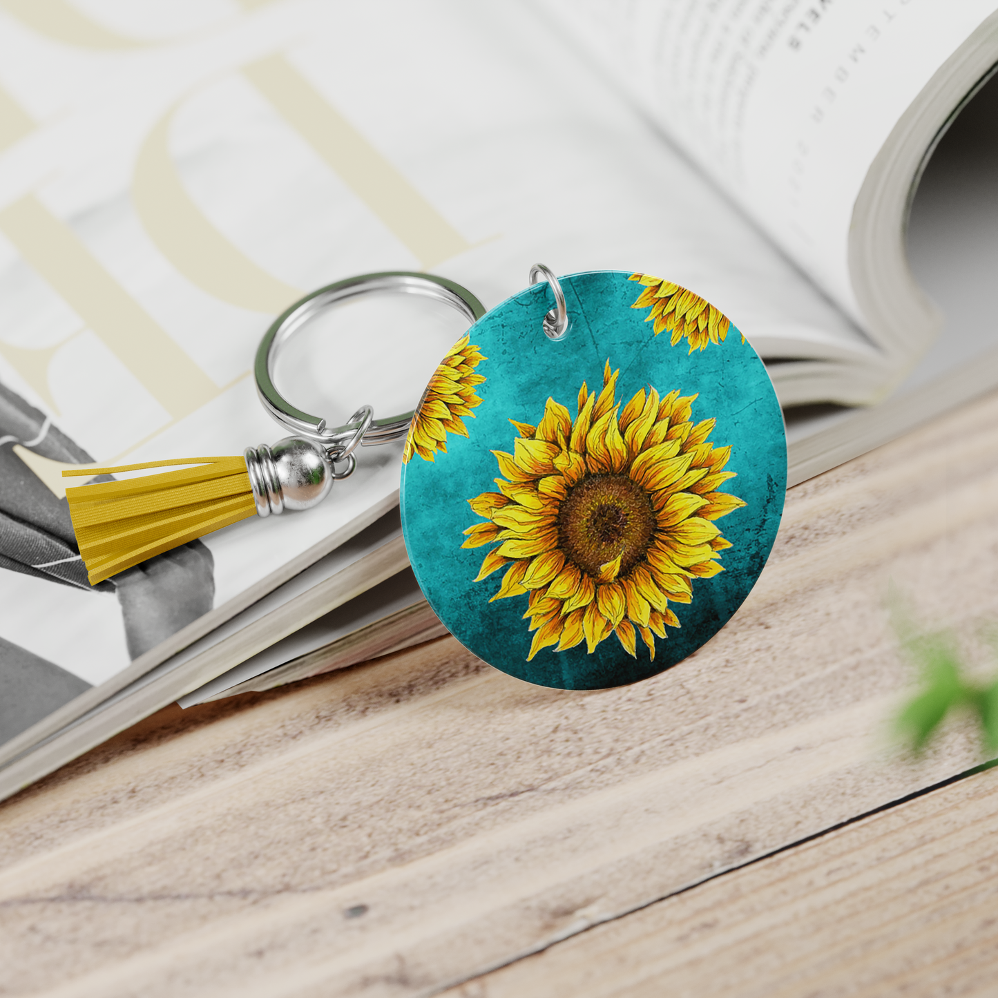 Sunflower on Teal Keychain