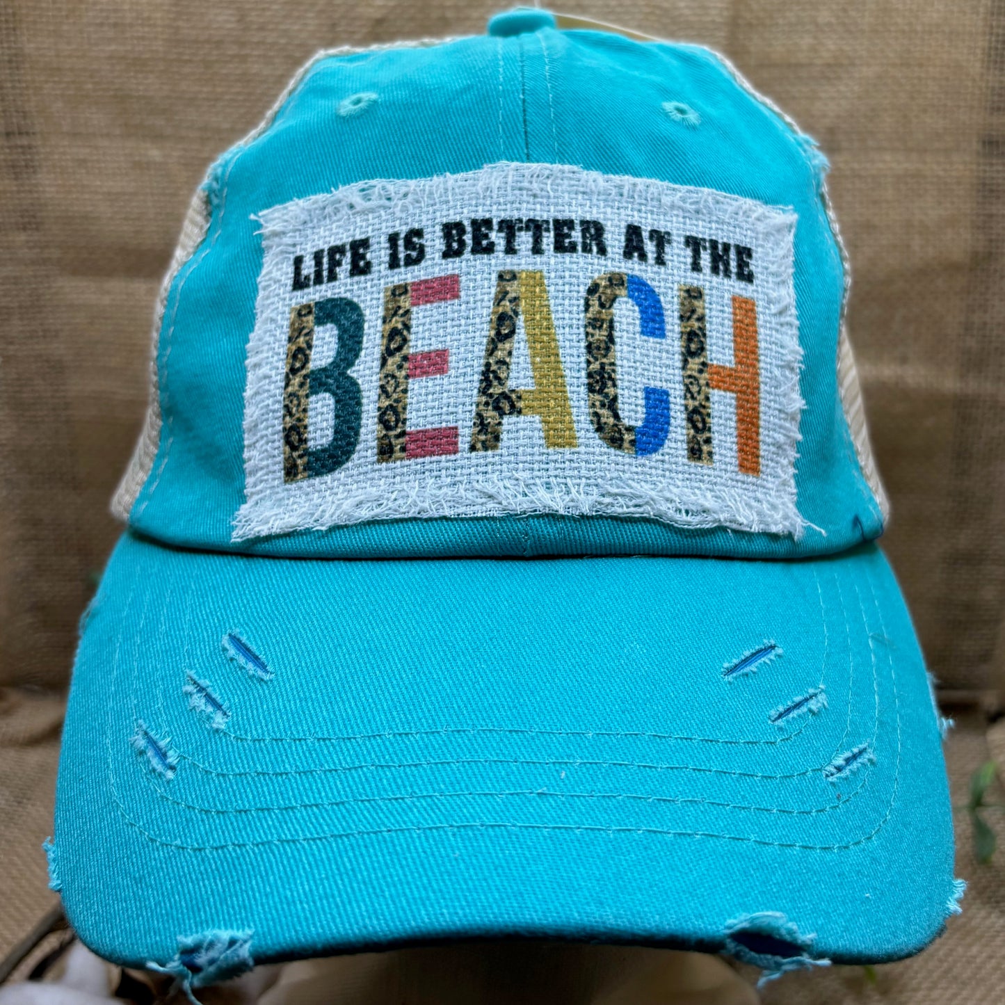 Life Is Better At The Beach Trucker Distressed Patch Ponytail Hat