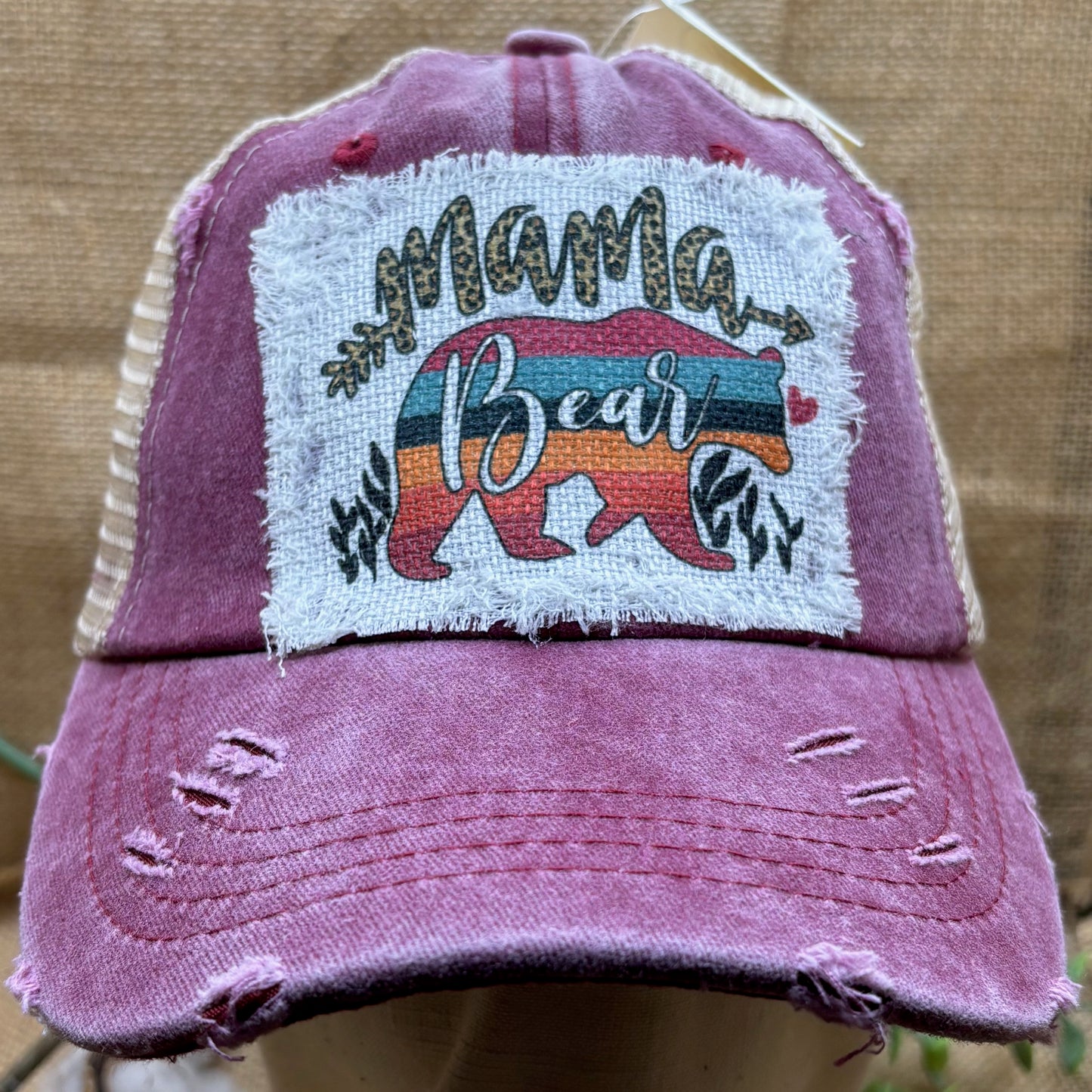 Mama Bear Trucker Distressed Patch Ponytail Hat