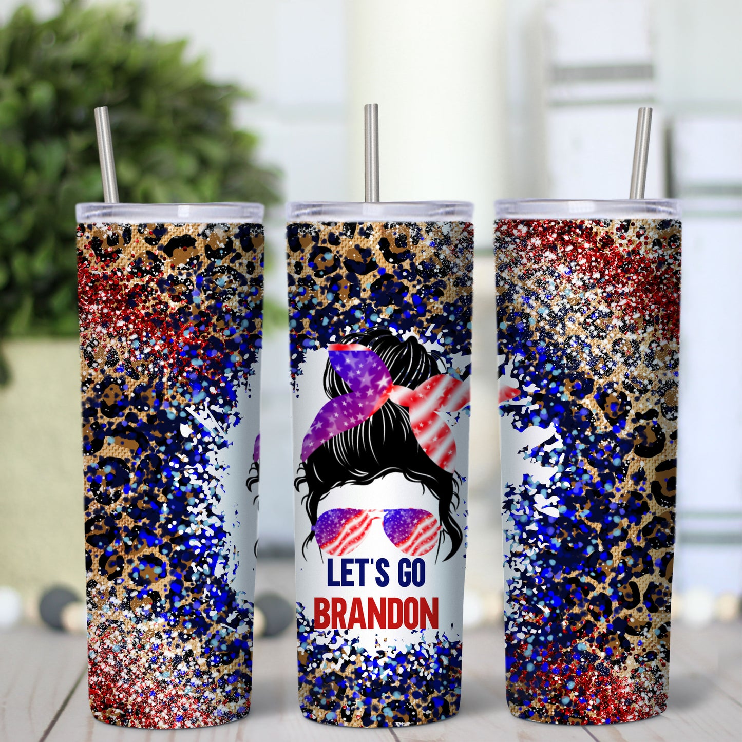Let's Go Brandon Messy Bun Glitter 20oz Tumbler