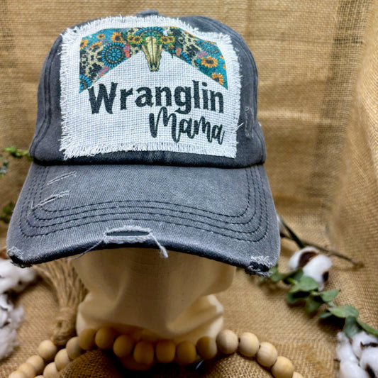 Wranglin Mama Distressed Patch Ponytail Hat