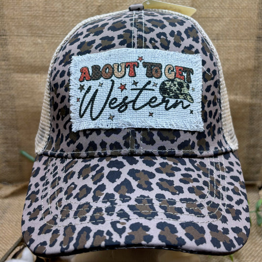 About To Get Western Trucker Distressed Patch Ponytail Hat