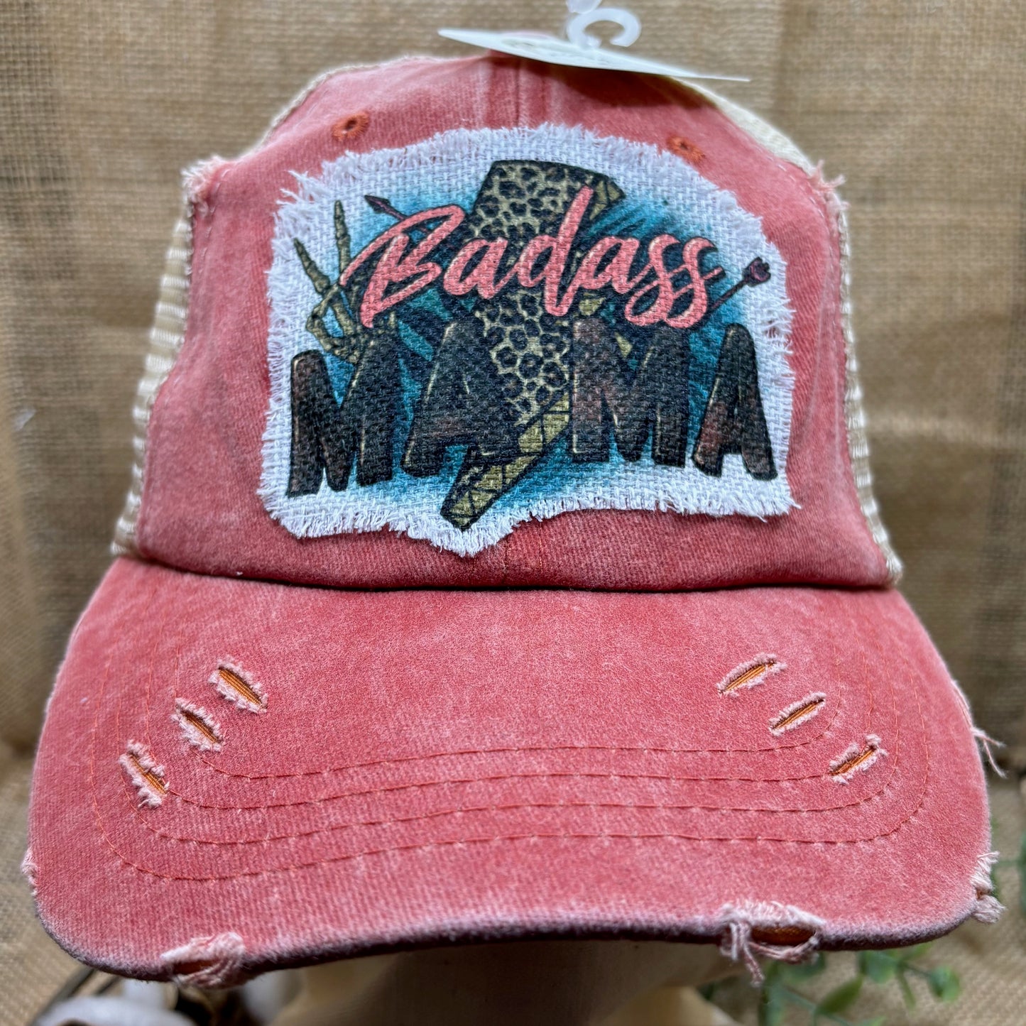 Badass Mama Trucker Distressed Patch Ponytail Hat