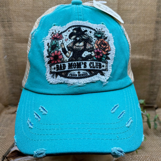 Bad Mom's Club Trucker Distressed Patch Hat Aqua