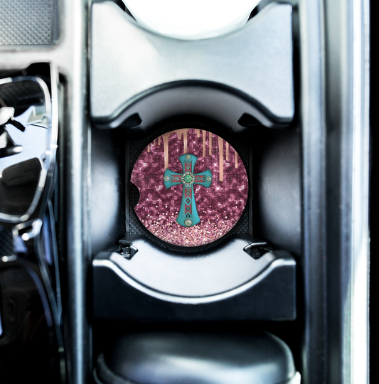 Turquoise Cross on Pink Glitter Ceramic Car Coaster