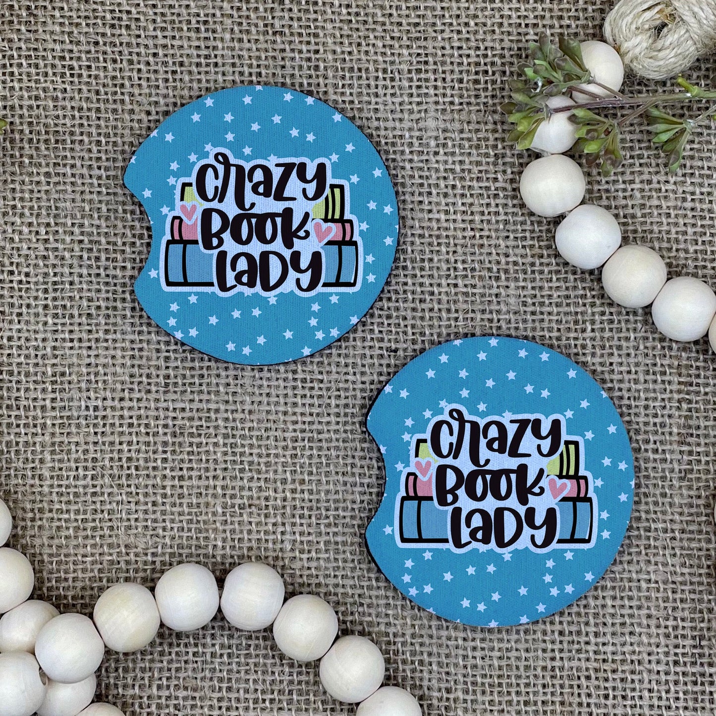 Crazy Book Lady Car Coaster 2-Pack