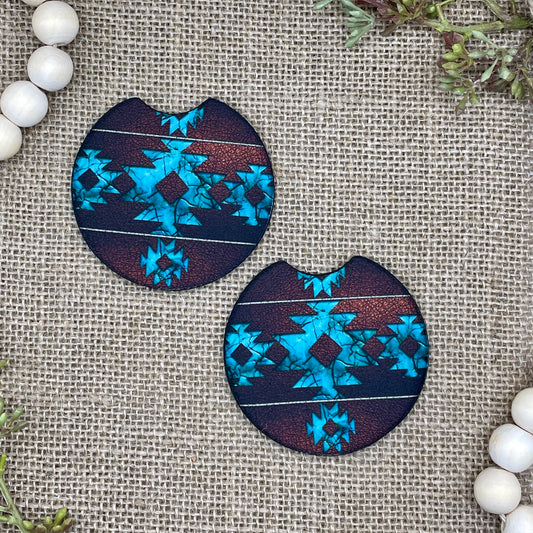 Aztec Turquoise & Leather Car Coaster 2-Pack