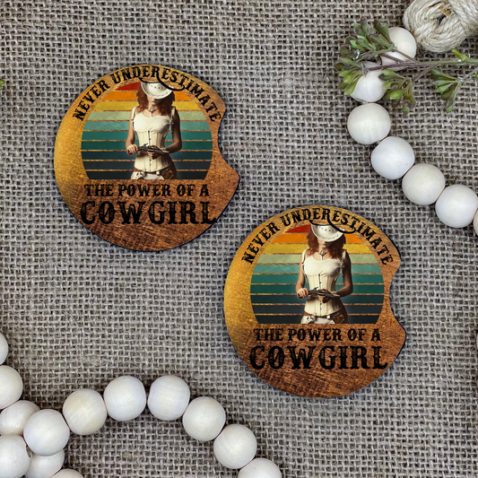 Never Underestimate the Power of a Cowgirl Car Coaster 2-Pack