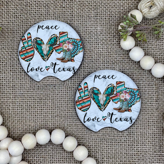 Peace, Love & Texas Car Coaster 2-Pack