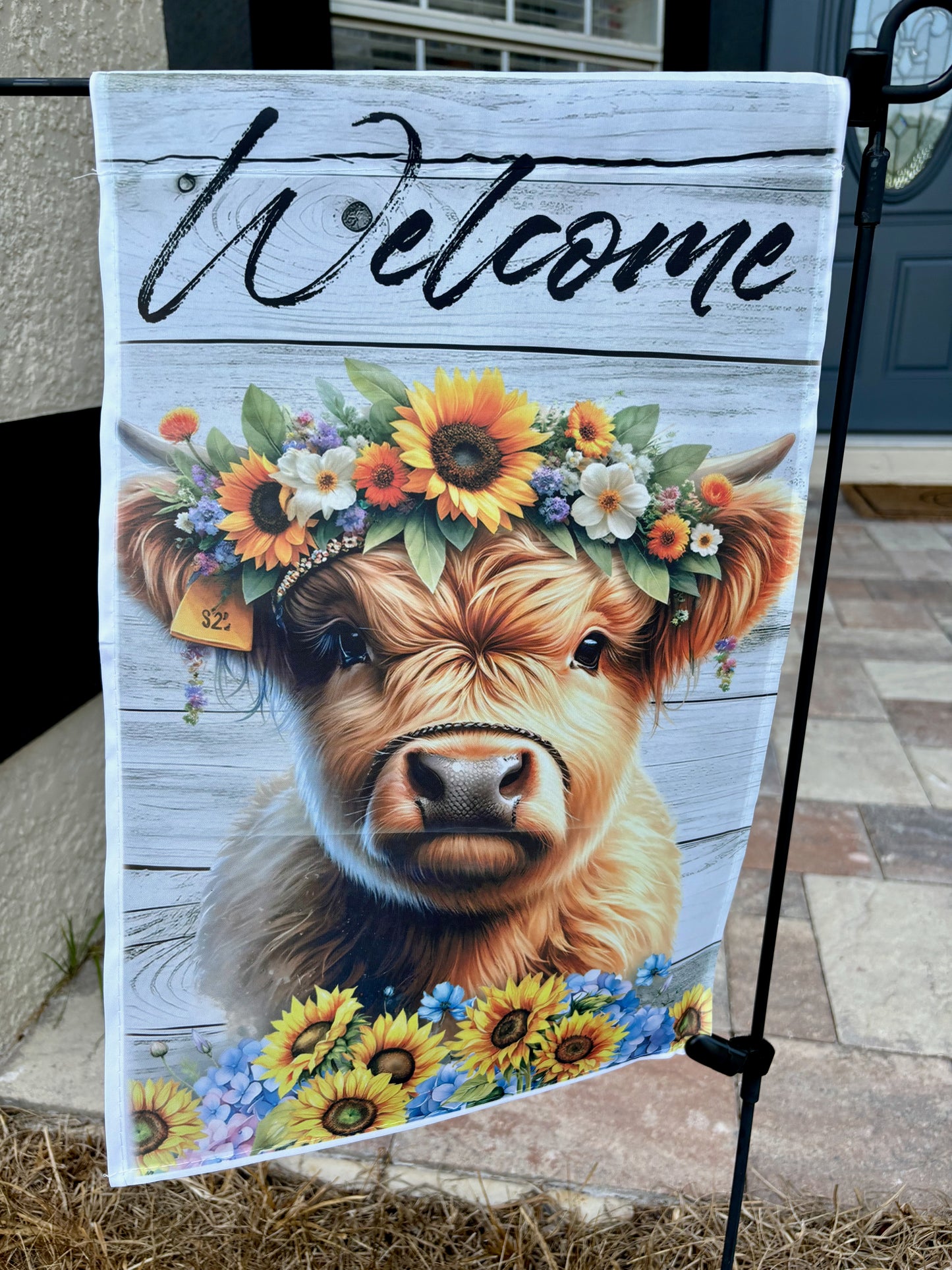 Highland Cow Sunflowers Welcome Flag