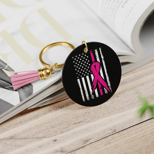 Flag & Ribbon-Breast Cancer Keychain