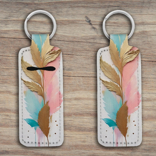 Abstract Gold & Pastel Painted Leaves Lip Balm Holder Keychain