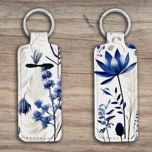 Blue Flowers Lip Balm Holder Keychain