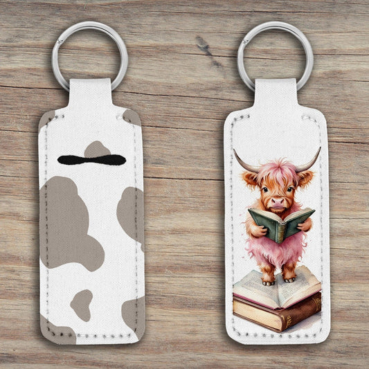 Highland Cow with Books & Flowers Lip Balm Holder Keychain