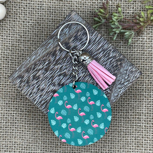 Flamingo & Palm Frond All-Over Pattern Keychain Green