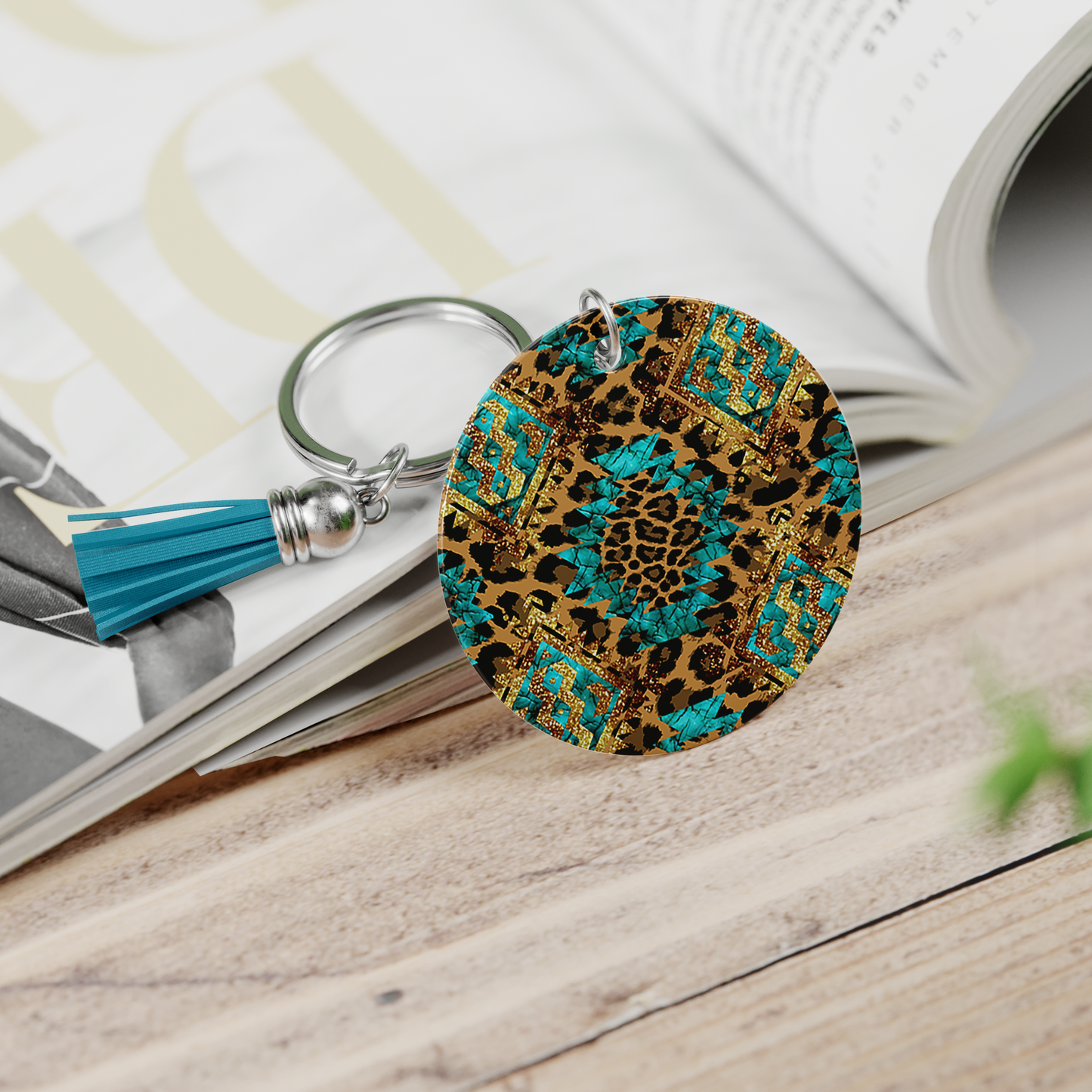 Leopard Print on Turquoise & Gold Keychain