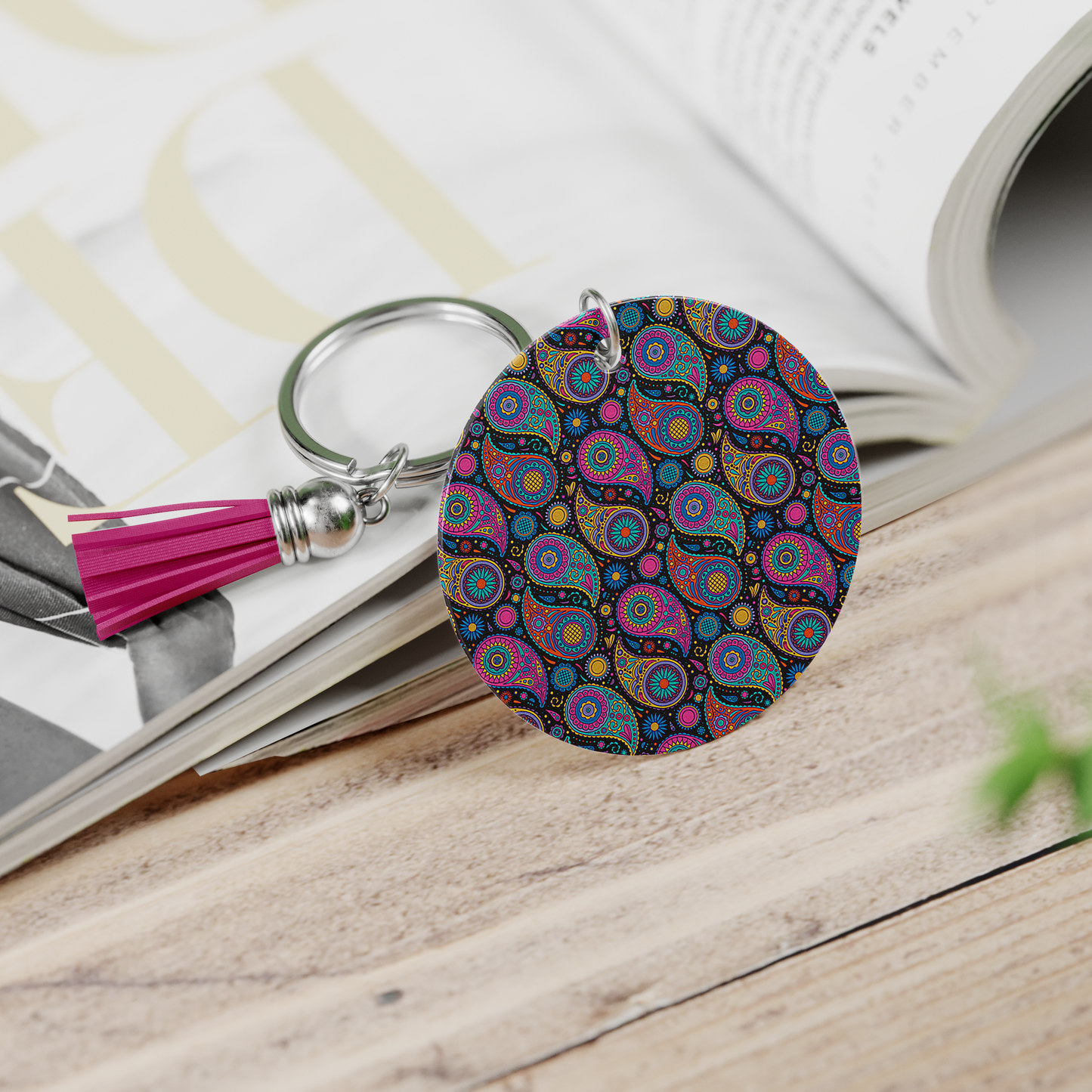 Paisley-Pink on Black Keychain