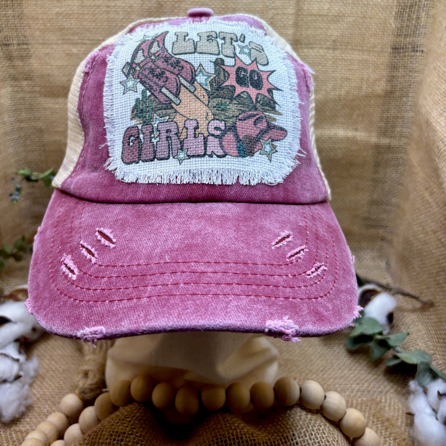 Let's Go Girls Trucker Distressed Patch Ponytail Hat