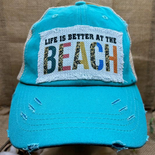 Life Is Better At The Beach Trucker Distressed Patch Ponytail Hat