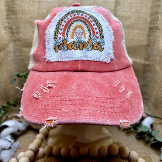 Mama Retro Trucker Distressed Patch Ponytail Hat