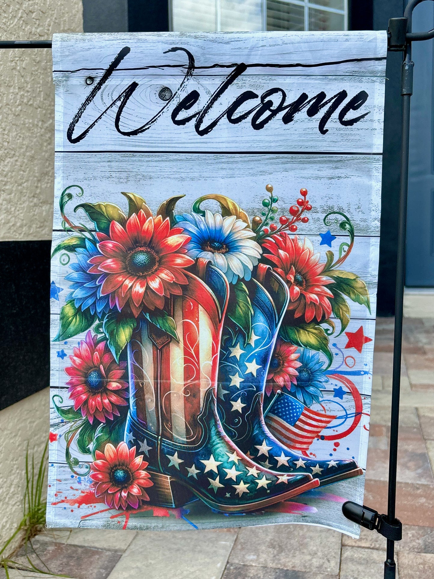 Patriotic Boots, Stars & Sunflowers Welcome Flag