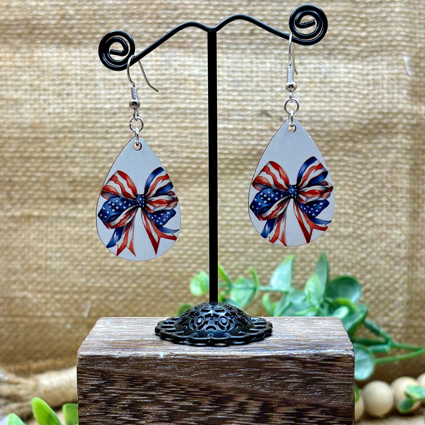 Red, White & Blue Bow Teardrop Earrings