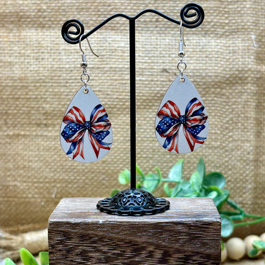 Red, White & Blue Bow Teardrop Earrings