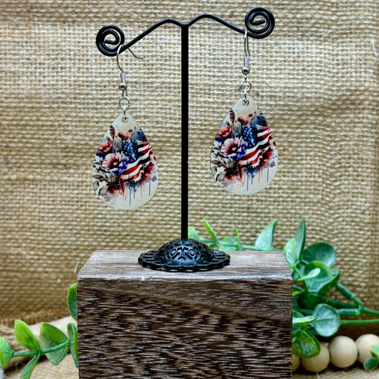 Red, White & Blue Flowers & Flag Teardrop Earrings 01