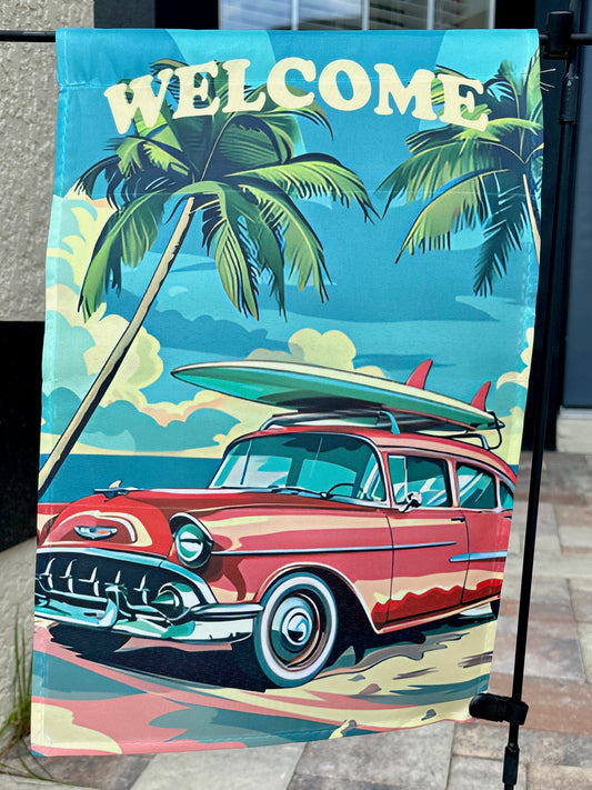 Retro Car & Surfboard Beach Summer Welcome Flag