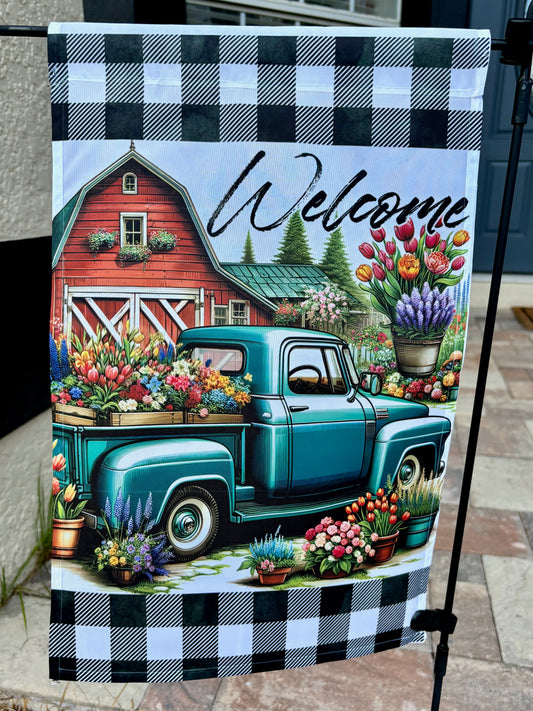 Spring Flowers & Truck Buffalo Plaid Welcome Flag