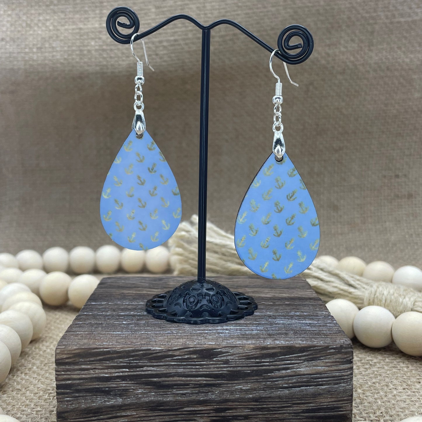 Teardrop Earrings Nautical Anchor Pattern Gold on Blue