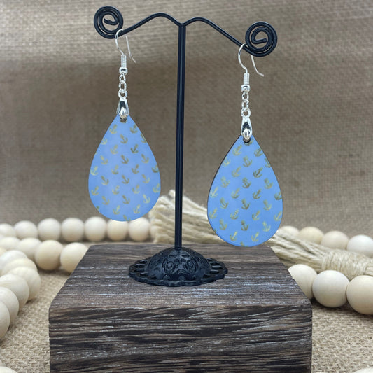 Teardrop Earrings Nautical Anchor Pattern Gold on Blue