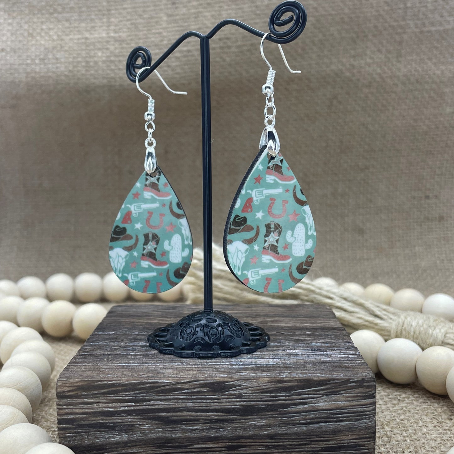 Western All-Over Pattern Print Teardrop Earrings Teal