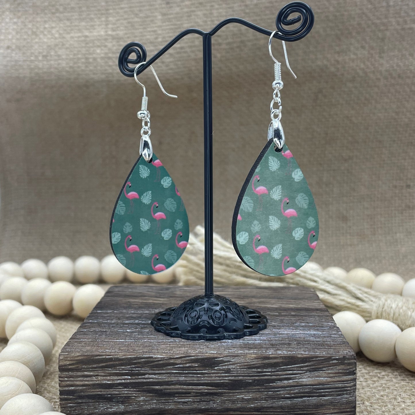 Flamingo & Palm Frond All-Over Pattern Teardrop Earrings Green