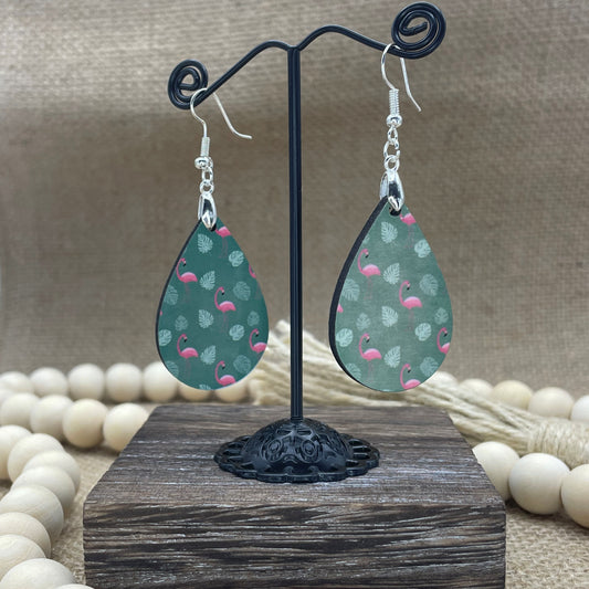 Flamingo & Palm Frond All-Over Pattern Teardrop Earrings Green