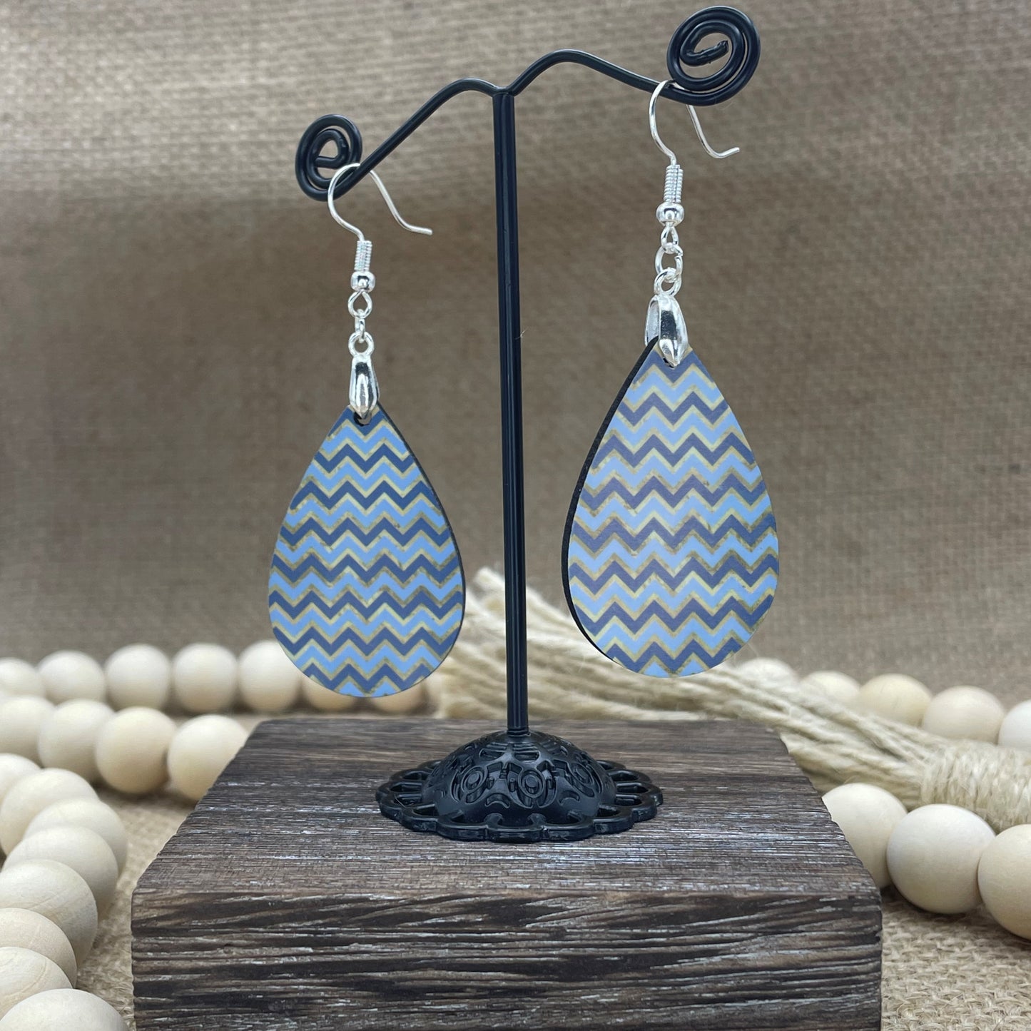 Blue & Gold Chevron Teardrop Earrings