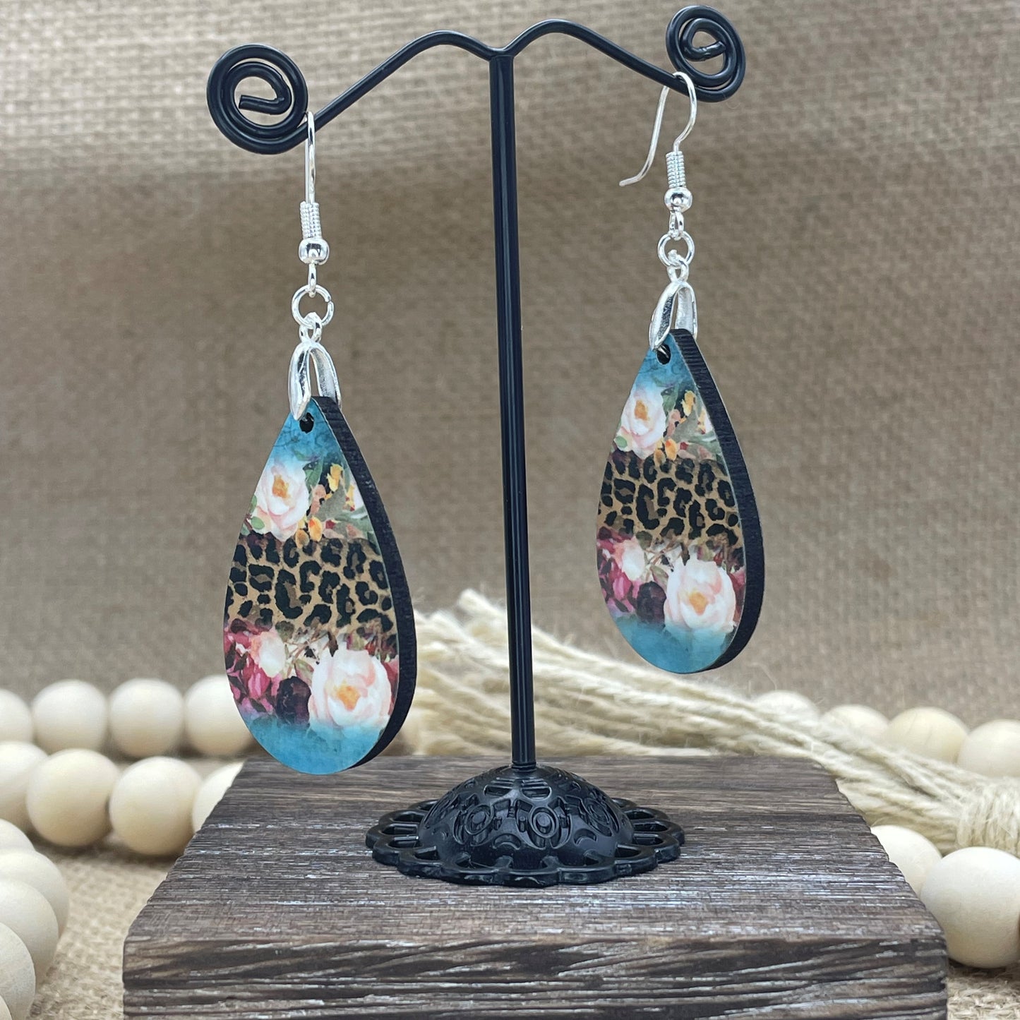 Leopard Print & Roses Teardrop Earrings