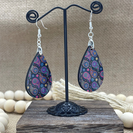 Paisley-Pink on Black Teardrop Earrings