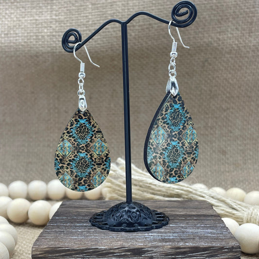 Leopard Print on Turquoise & Gold Teardrop Earrings