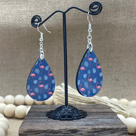 Flamingo & Palm Frond All-Over Pattern Teardrop Earrings Blue